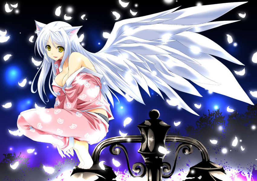 10s, 1girl, alternate_breast_size, animal_ears, bakemonogatari, black_hanekawa, breasts, cat_ears, cleavage, feathers, female_focus, hanekawa_tsubasa, long_hair, maho_(yakimorokoshi), monogatari_(series), nekomonogatari, off_shoulder, pajamas, solo, squatting, white_hair, wings, yellow_eyes