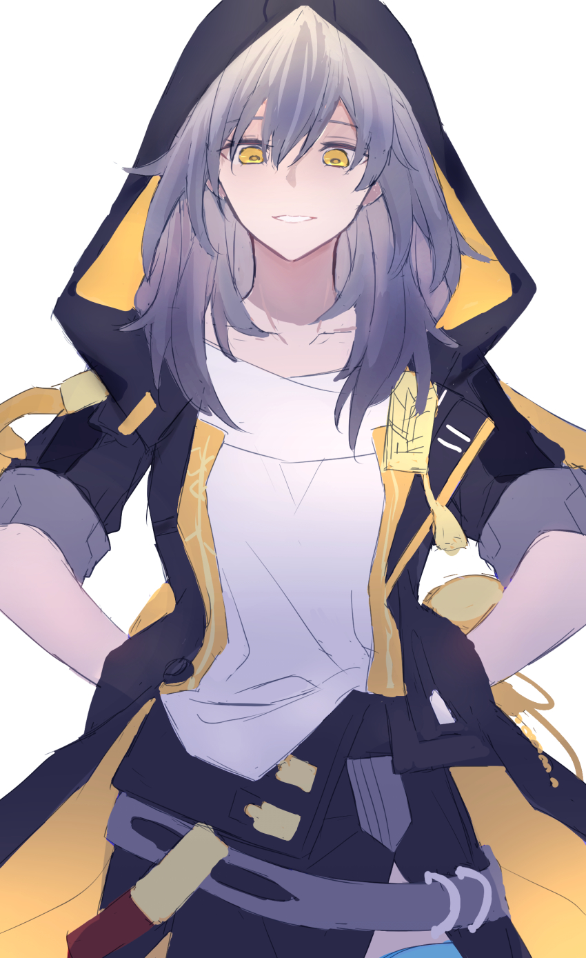 1girl, black_gloves, black_jacket, collarbone, stelle_(honkai:_star_rail), gloves, grey_hair, grin, hands_on_own_hips, highres, honkai:_star_rail, honkai_(series), hood, hooded_jacket, irisxu2624, jacket, long_hair, looking_at_viewer, open_mouth, shirt, simple_background, sleeves_rolled_up, smile, solo, trailblazer_(honkai:_star_rail), upper_body, white_background, white_shirt, yellow_eyes