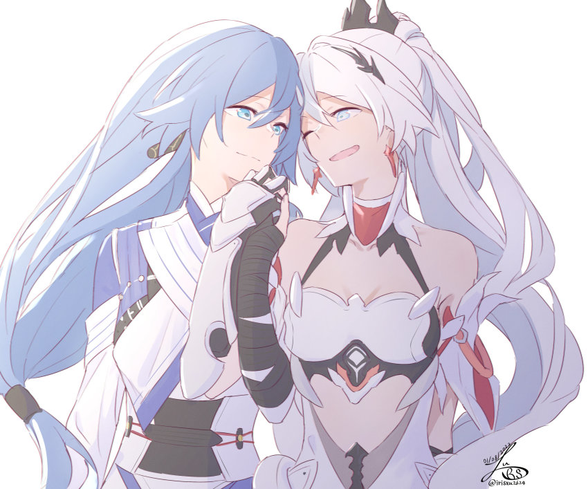 2girls, bare_shoulders, blue_eyes, clothing_cutout, dated, fu_hua, fu_hua_(azure_empyrea), fu_hua_(taixuan_impression)