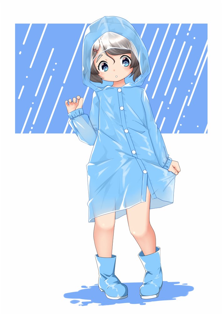 1girl, alternate_costume, blue_boots, blue_eyes, blue_raincoat, boots, full_body, grey_hair