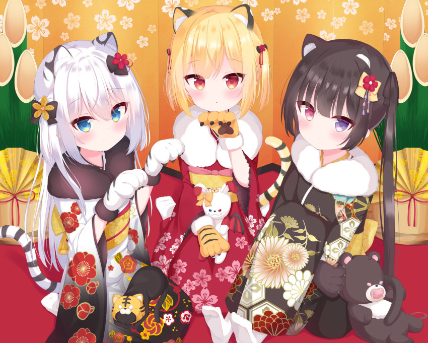 3girls, animal, animal_ears, animal_hands, animal_on_lap, bamboo, black_cat, black_hair