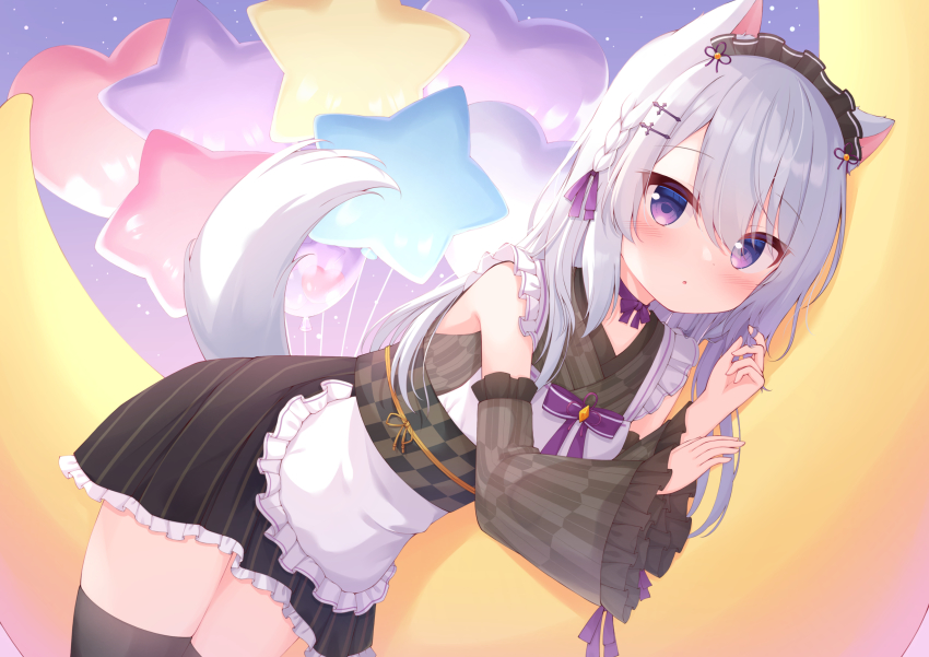 animal_ears, apron, balloon, blush, braid, buttons, cafe_omusubiya, cat_ears
