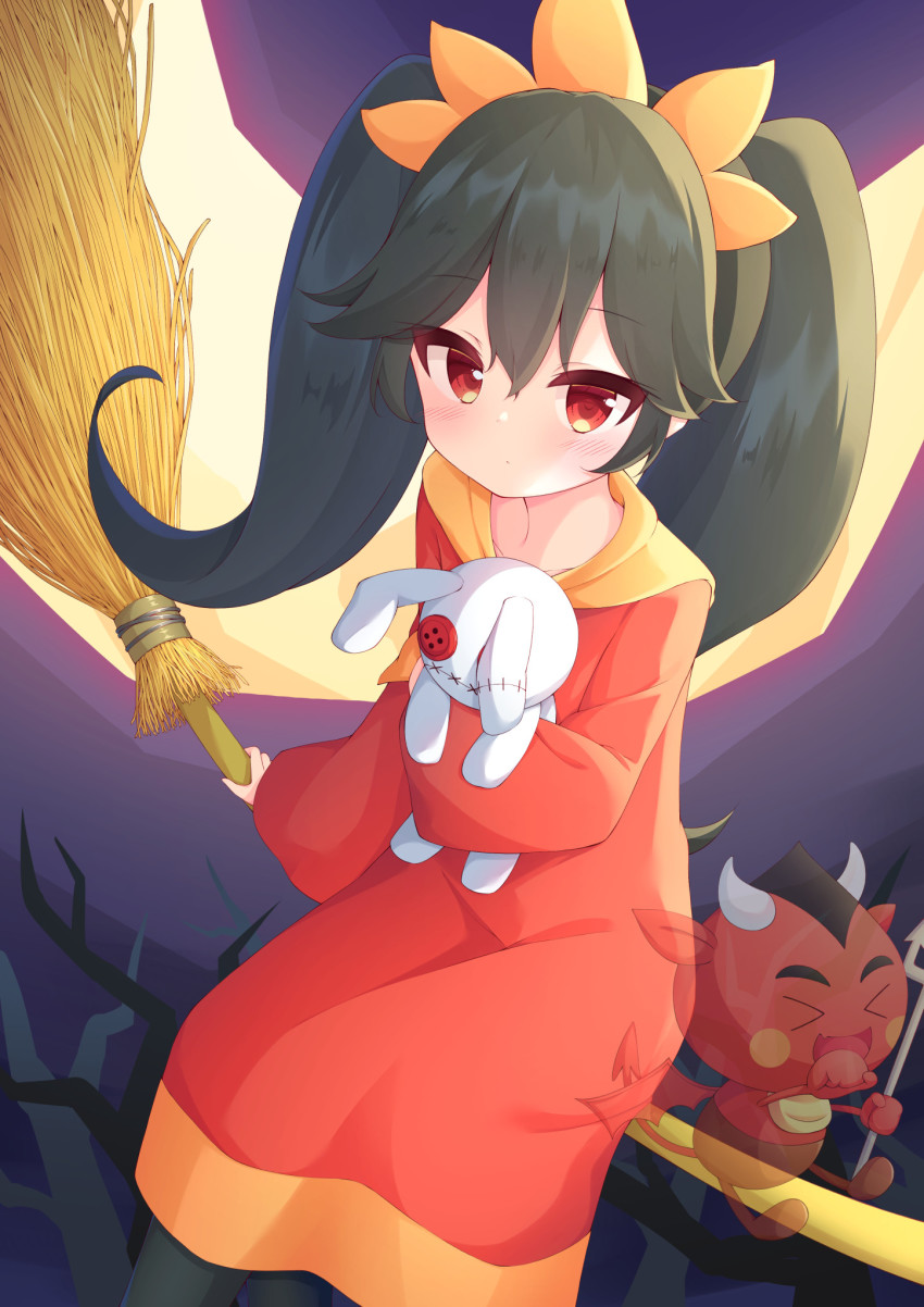 1boy, 1girl, arm_support, ashley_(warioware), bare_tree, black_hair, blush, broom