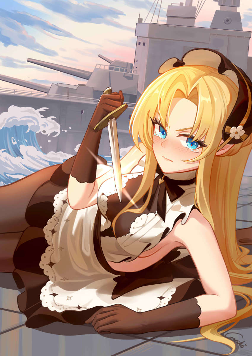 1girl, :|, absurdres, apron, artist_name, azur_lane, bare_shoulders, black_gloves