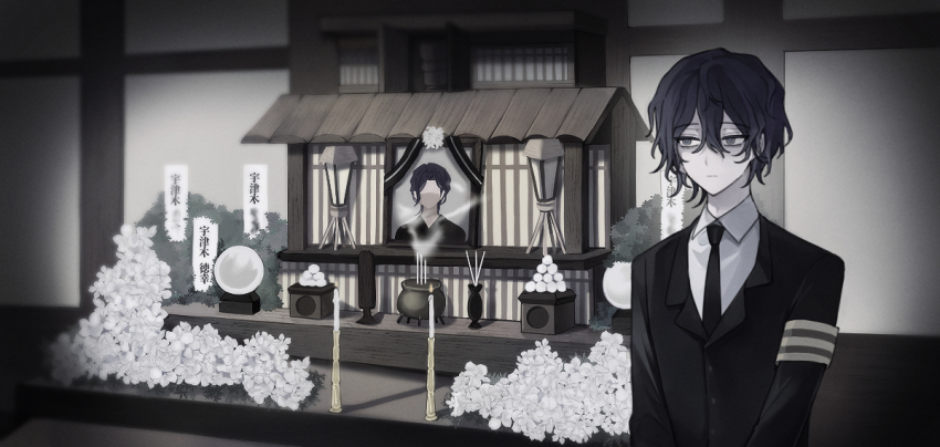 1boy, :|, armband, black_jacket, black_necktie, blue_hair, buttons, candle