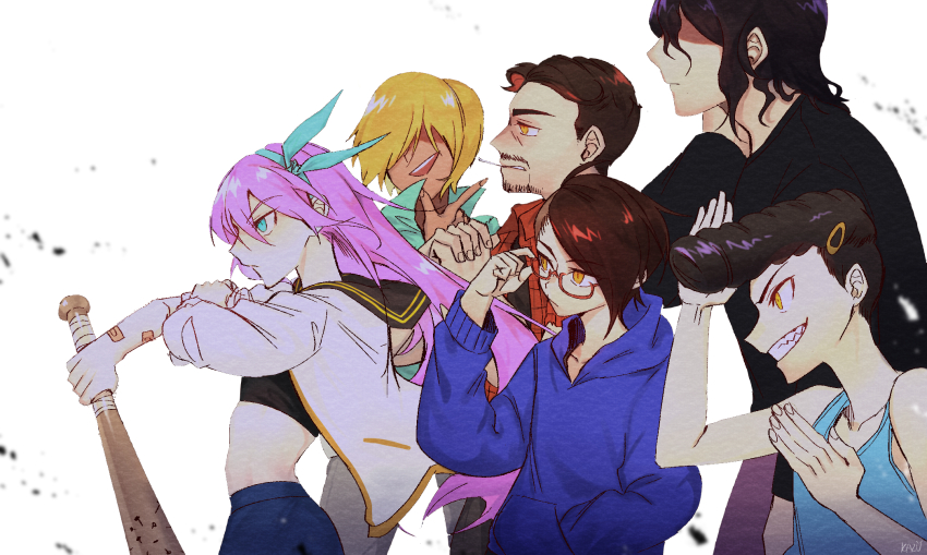 3boys, 3girls, angel_(omori), aqua_eyes, aubrey_(omori), baseball_bat, black_hair, black_sweater