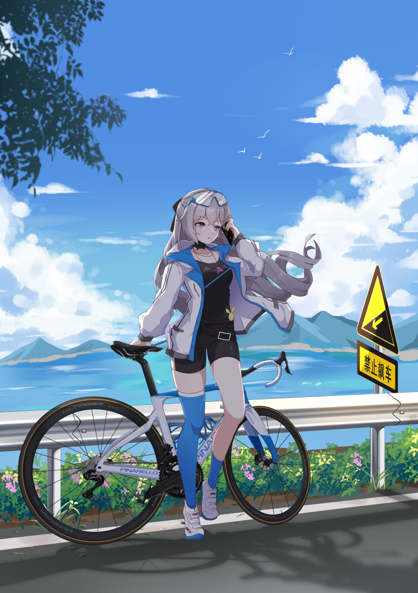 1girl, absurdres, ai_ke_le_de_xiao_hong, asymmetrical_legwear, bicycle, bike_shorts, black_choker, black_shirt