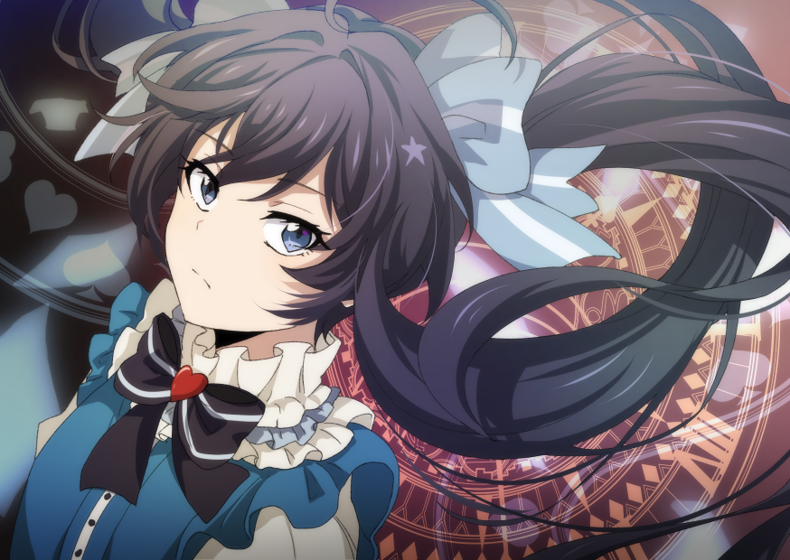 1girl, alice_(alice_in_wonderland), alice_(alice_in_wonderland)_(cosplay), black_hair, blue_eyes, bungou_stray_dogs, closed_mouth, cosplay