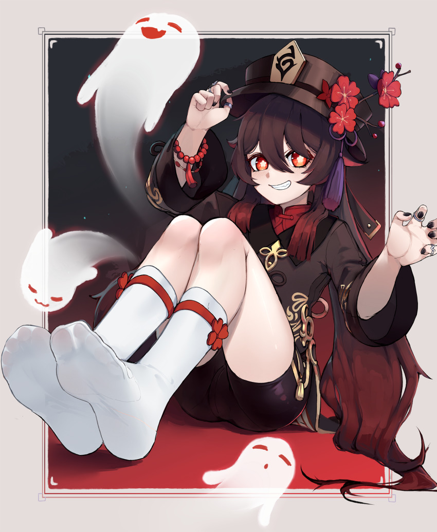 1girl, absurdres, black_headwear, black_nails, black_shorts, blush, border, bracelet