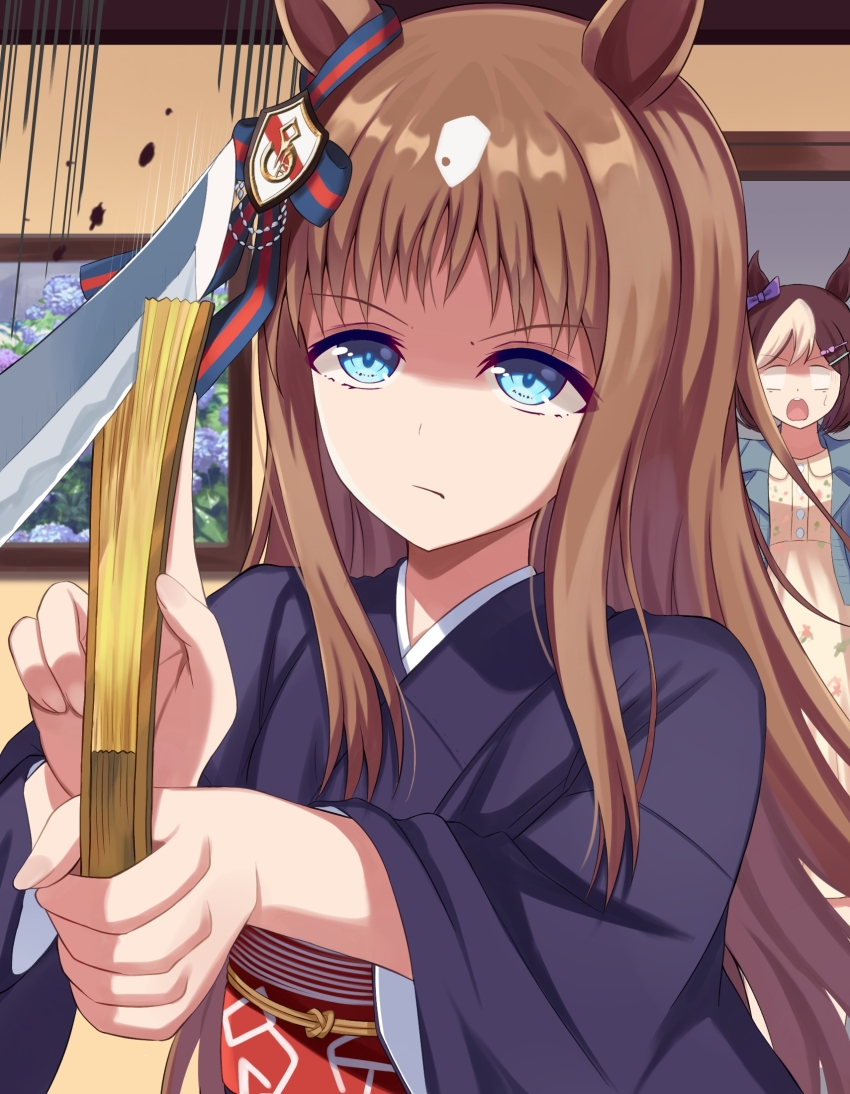 2girls, animal_ears, blue_eyes, book, brown_hair, commentary_request, crouching_start, closed_eyes, glaring, grass_wonder_(umamusume), hattori_shizuka_(meitantei_conan), highres, horse_ears, horse_girl, long_hair, looking_at_viewer, meitantei_conan, multiple_girls, parody, shaded_face, special_week_(umamusume), umamusume, weapon