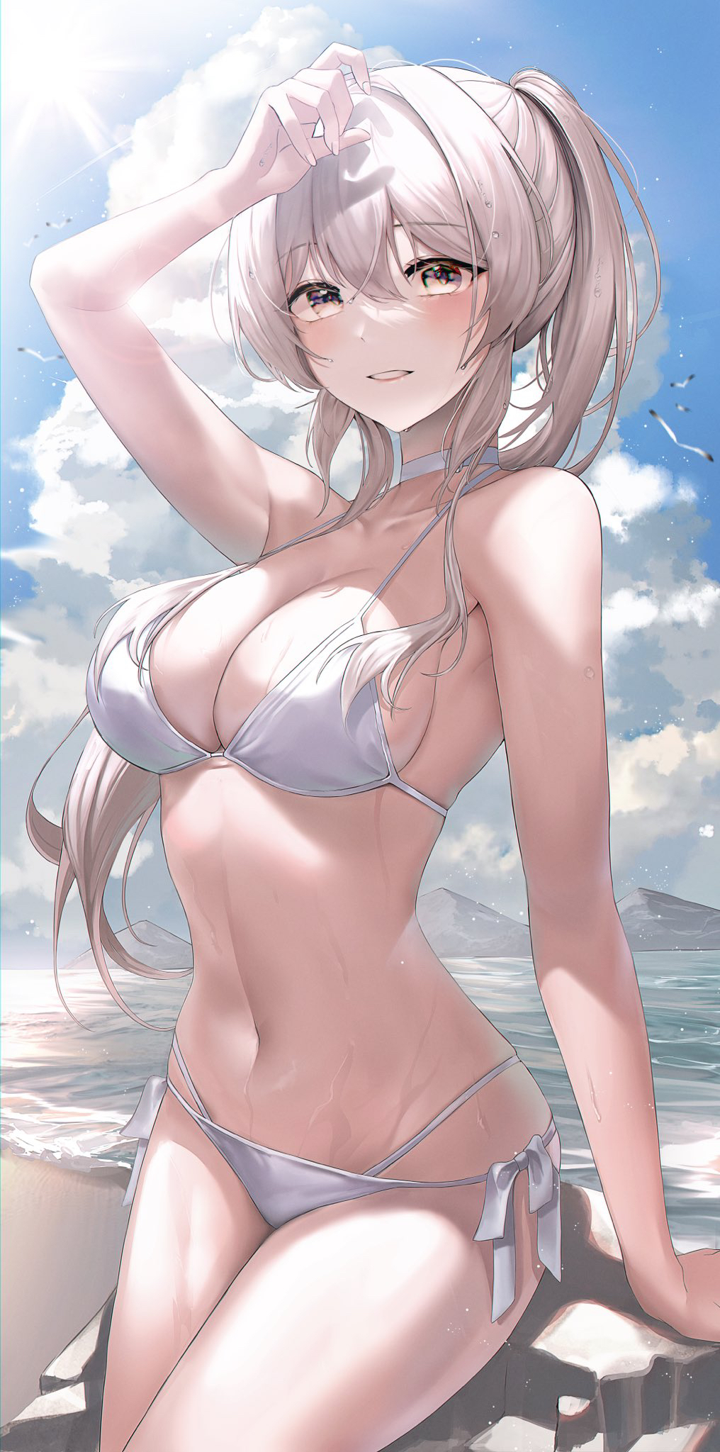 1girl, arm_support, arm_up, bare_arms, beach, bikini, blue_sky, breasts