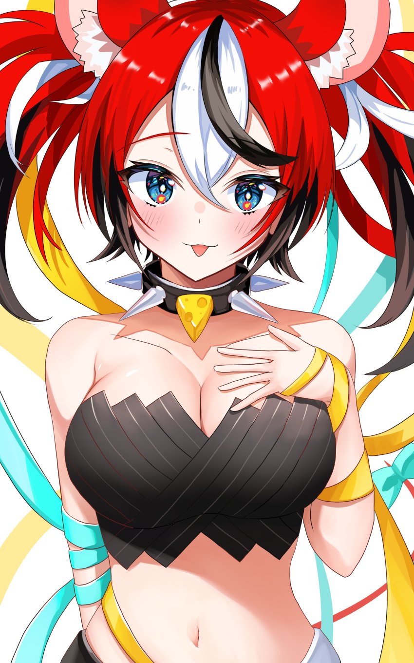 1girl, :p, absurdres, animal_ear_fluff, animal_ears, arm_behind_back, bare_shoulders, black_hair