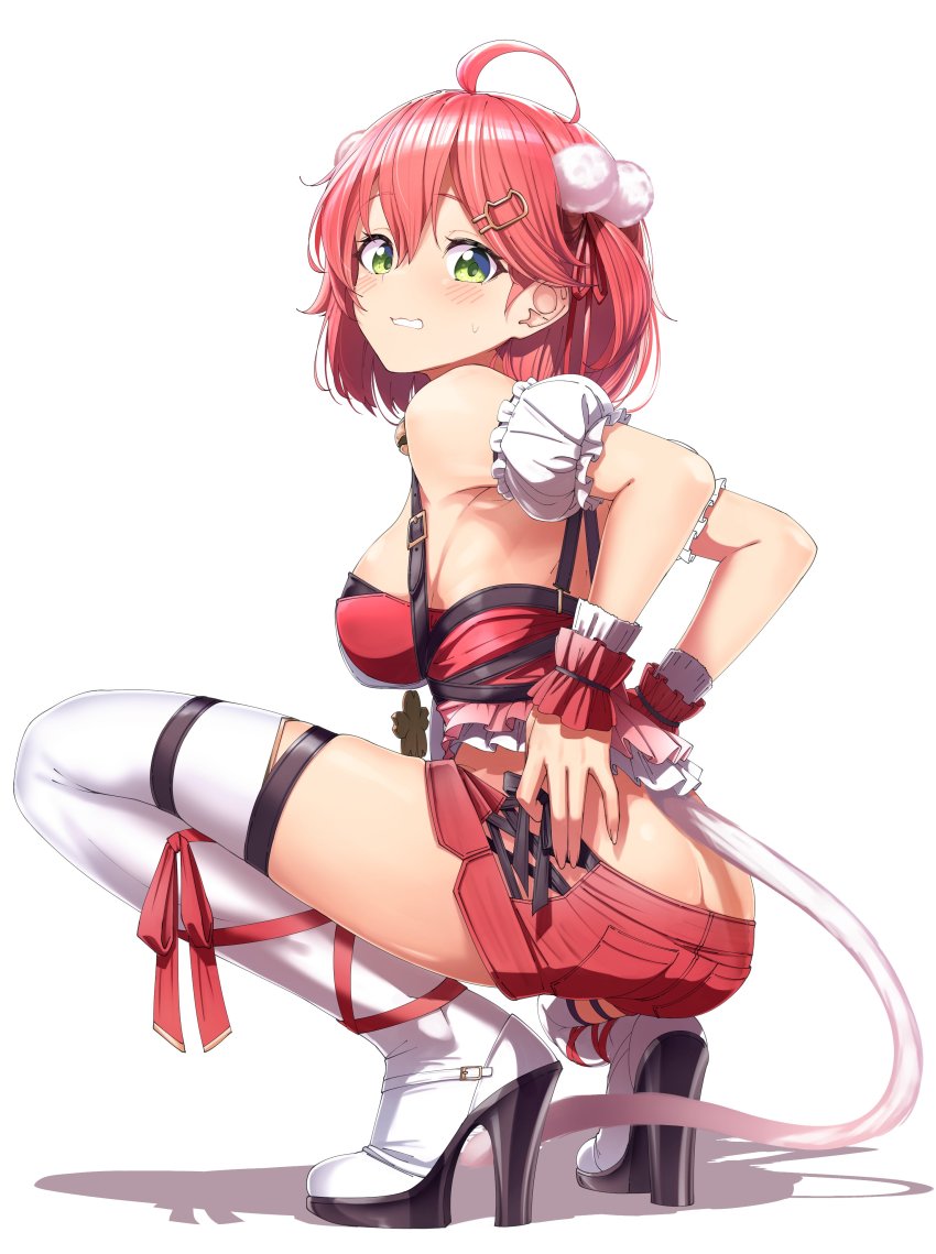 1girl, absurdres, ahoge, ass, bare_shoulders, blush, boots, breasts