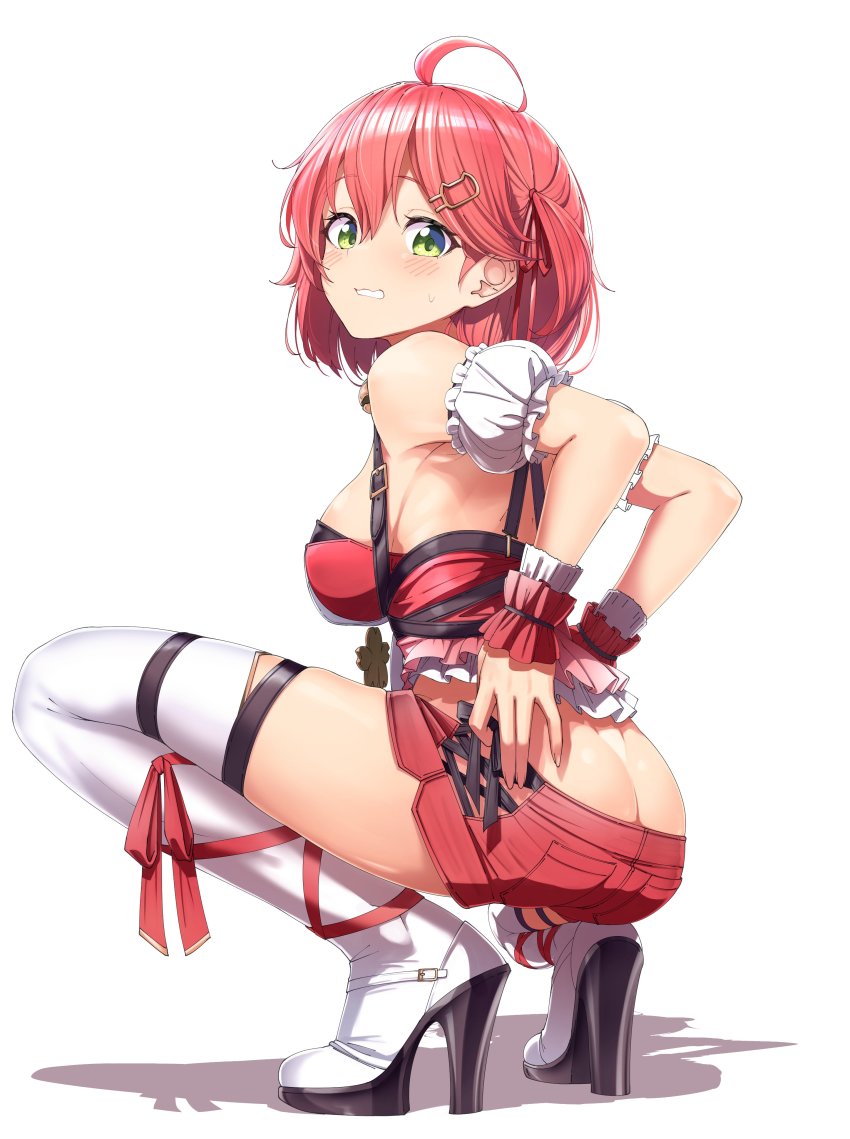1girl, absurdres, ahoge, ass, bare_shoulders, blush, boots, breasts, butt_crack, cat_hair_ornament, full_body, green_eyes, hair_between_eyes, hair_ornament, hair_ribbon, high_heel_boots, high_heels, highres, hololive, large_breasts, looking_at_viewer, looking_back, medium_hair, missing_tail, official_alternate_costume, pink_hair, pink_shirt, pink_shorts, red_ribbon, ribbon, sakura_miko, sakura_miko_(work), shinomu_(cinomoon), shirt, short_shorts, shorts, sideboob, solo, sweatdrop, thigh_boots, virtual_youtuber, white_background, white_boots