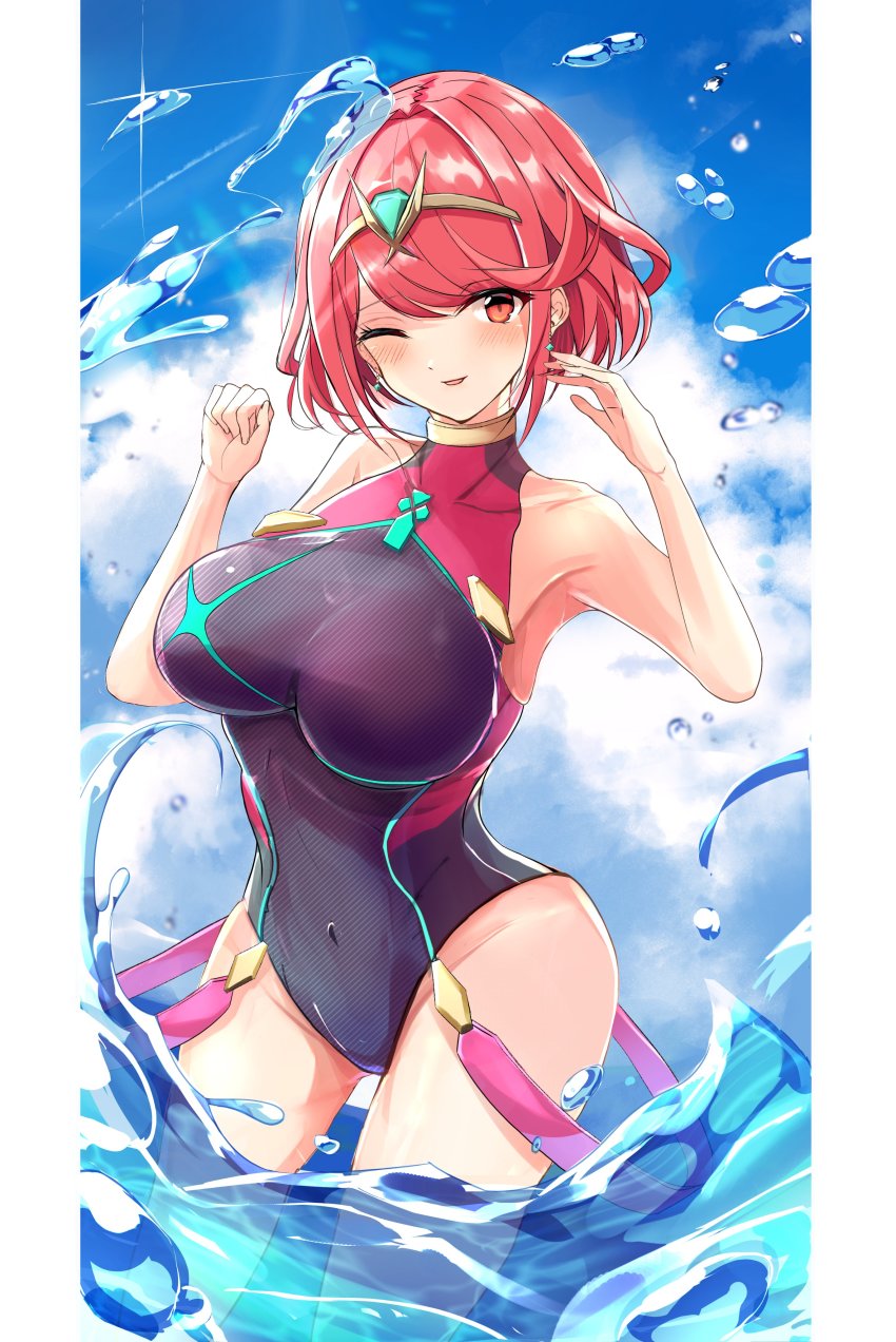 1girl, absurdres, aqua_gem, black_one-piece_swimsuit, breasts, chest_jewel, competition_swimsuit, earrings