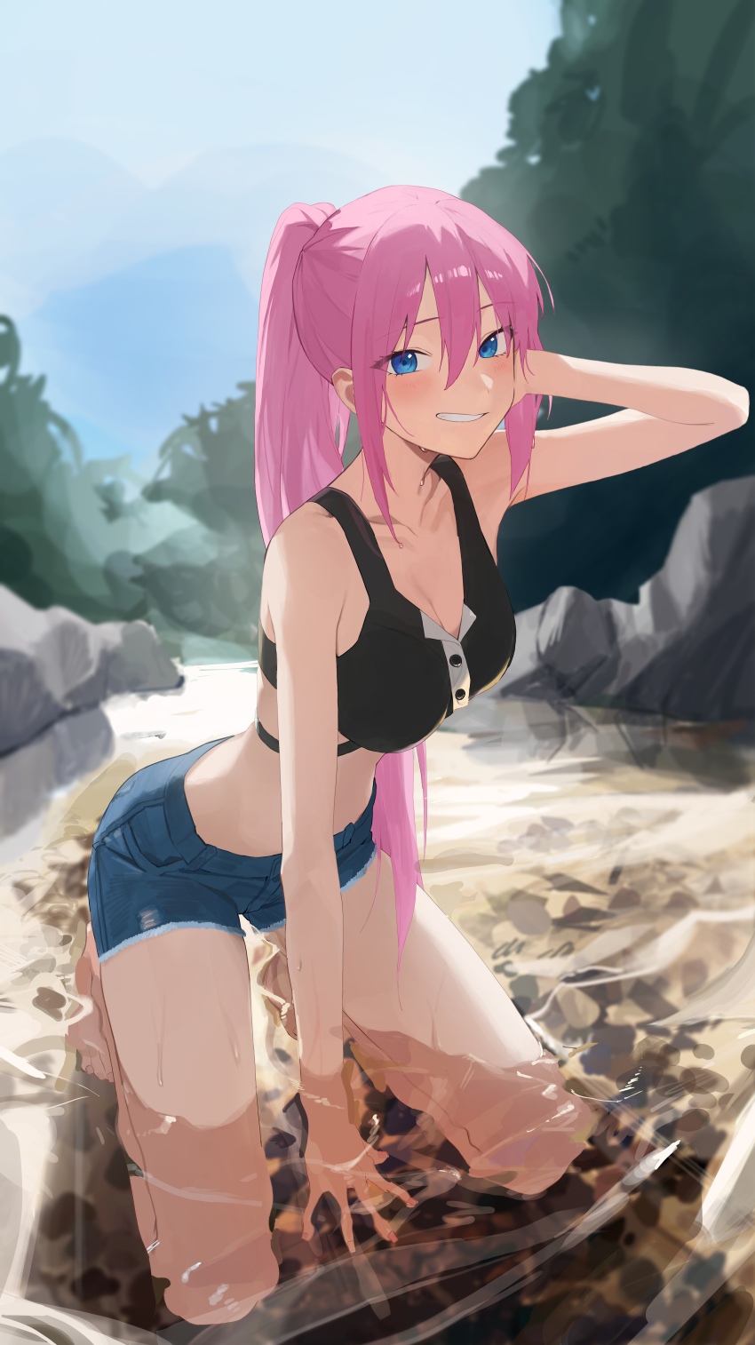 1girl, absurdres, arm_behind_head, barefoot, black_tank_top, blue_eyes, blue_sky, blush, breasts, cleavage, collarbone, crop_top, denim, denim_shorts, female_focus, full_body, grin, hair_between_eyes, highres, kawaii_dake_ja_nai_shikimori-san, kneeling, large_breasts, legs, long_hair, looking_at_viewer, midriff, outdoors, pink_hair, ponytail, river, rock, shikimori_miyako, short_shorts, shorts, sky, smile, so_shio, solo, tank_top, thighs, tree, water, wet