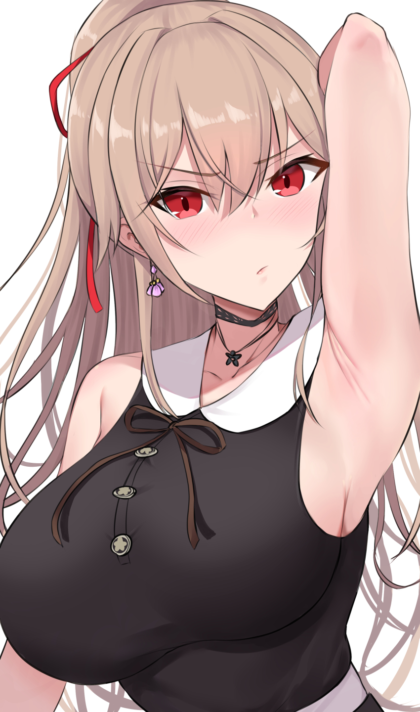 1girl, absurdres, arm_up, armpits, bare_arms, bare_shoulders, black_dress, blush