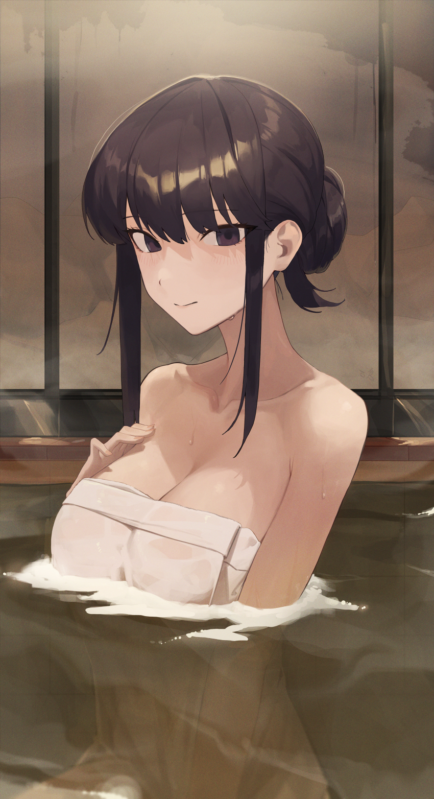 1girl, absurdres, bare_shoulders, bathing, black_eyes, black_hair, breasts, cleavage