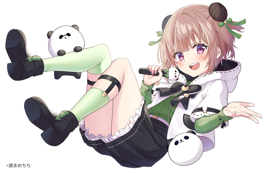 1girl, :d, animal, asymmetrical_legwear, black_shoes, black_skirt, bow, brown_hair, commentary_request, copyright_notice, double_bun, eyebrows_hidden_by_hair, frilled_skirt, frills, full_body, green_bow, green_shirt, green_socks, hair_bow, hair_bun, harvest_moon_(vtuber), hood, hood_down, hooded_jacket, jacket, long_sleeves, looking_at_viewer, minamoto_mamechichi, official_art, open_mouth, over-kneehighs, panda, purple_eyes, ribbed_shirt, ribbon-trimmed_hood, ribbon_trim, shirt, shoe_soles, shoes, simple_background, single_over-kneehigh, single_sock, single_thighhigh, skirt, smile, socks, solo, thighhighs, tsukinowa_noa, two_side_up, virtual_youtuber, white_background, white_jacket