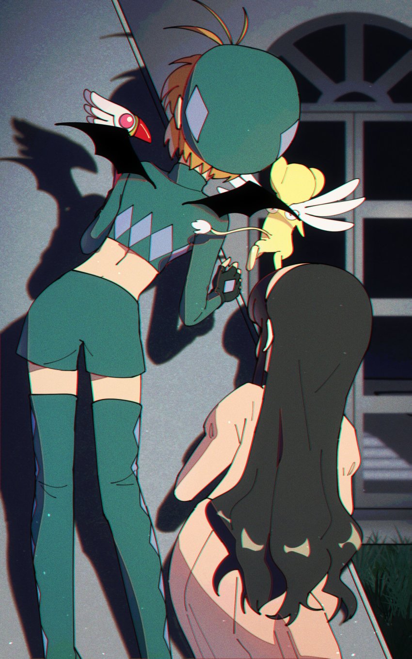 2girls, absurdres, alt_text, beret, black_gloves, black_hair, boots, brown_hair, cardcaptor_sakura, creature, crop_top, daidouji_tomoyo, dress, feet_out_of_frame, fingerless_gloves, from_behind, gloves, green_legwear, green_shorts, hat, highres, kero_(cardcaptor_sakura), kinomoto_sakura, kinomoto_sakura_(dark_night), lion_cub, long_hair, midriff, multiple_girls, nzeneee, official_alternate_costume, peeking_out, pink_dress, short_hair, shorts, thigh_boots, window