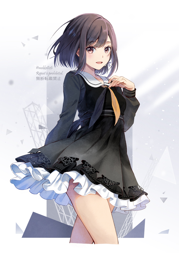1girl, abstract_background, artist_name, black_dress, black_eyes, black_hair, black_neckerchief, breasts