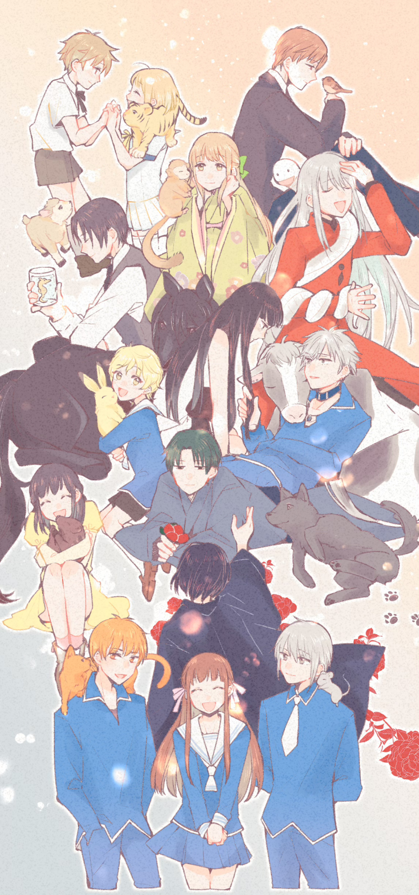 50milky, 5girls, 6+boys, absurdres, animal, animal_hug, animal_on_shoulder, arms_behind_back