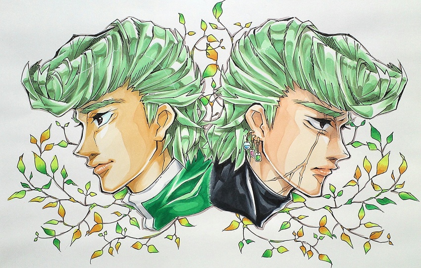 aoi_saturday, black_shirt, branch, brown_eyes, dual_persona, earrings, green_hair, green_jacket, highres, jacket, jewelry, male_focus, marker_(medium), pen_(medium), pompadour, portrait, scar, scar_across_eye, scar_on_face, serious, shirt, smile, teppei_(toriko), thick_eyebrows, toriko_(series), traditional_media