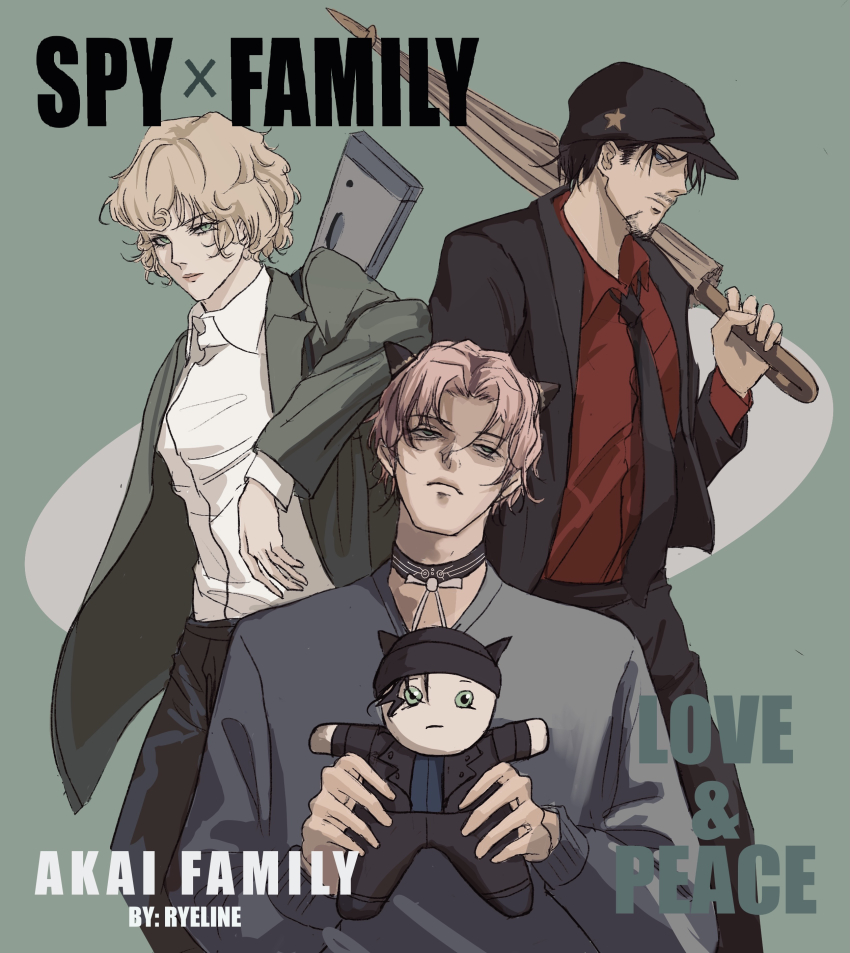 1girl, 2boys, absurdres, akai_shuuichi, akai_tsutomu, artist_name, bags_under_eyes, black_hair