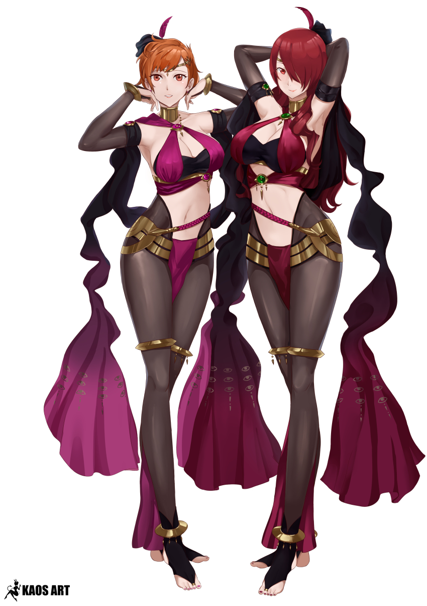 2girls, absurdres, arms_behind_head, arms_up, artist_name, bare_shoulders, breasts, bridal_gauntlets, brown_eyes, brown_hair, cleavage, collarbone, commentary, cosplay, dorothea_arnault, dorothea_arnault_(cosplay), dorothea_arnault_(plegian), dorothea_arnault_(plegian)_(cosplay), earrings, feathers, fire_emblem, fire_emblem_heroes, full_body, gradient_clothes, hair_ornament, hair_over_one_eye, highres, jewelry, kaos_art, kirijou_mitsuru, large_breasts, lene_(fire_emblem), lene_(fire_emblem)_(cosplay), lene_(plegian)_(fire_emblem), lips, lipstick, loincloth, long_hair, looking_at_viewer, makeup, megami_tensei, multiple_girls, nail_polish, navel, nintendo, parted_lips, pelvic_curtain, persona, persona_3, persona_3_portable, red_eyes, red_hair, revealing_clothes, shiny_clothes, shiomi_kotone, short_hair, signature, simple_background, skin_tight, sleeveless, smile, standing, stirrup_legwear, stomach, toeless_legwear, toes