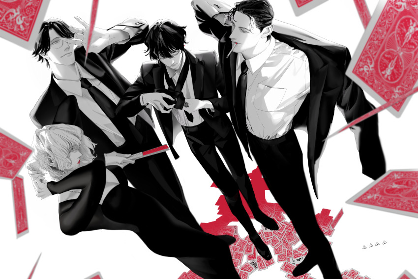 2boys, 2girls, absurdres, adjusting_eyewear, akai_shuuichi, arms_behind_head, bad_id, bad_pixiv_id