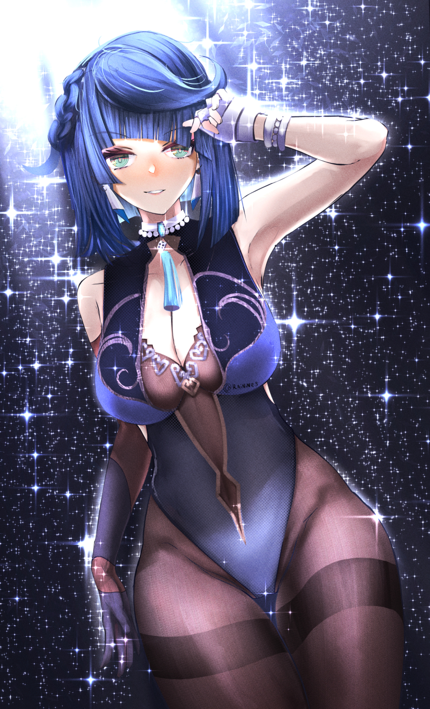 1girl, adapted_costume, armpits, asymmetrical_gloves, bare_shoulders, blue_hair, bodystocking, braid