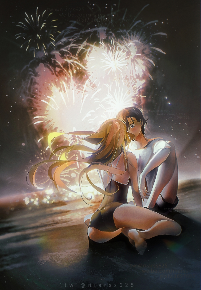 1boy, 1girl, ajiro_shinpei, ass, barefoot, beach, black_hair, blonde_hair