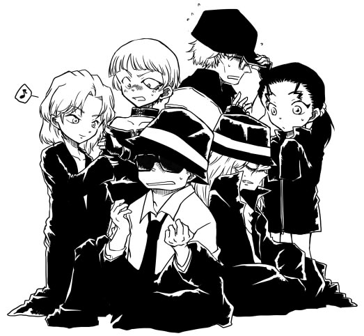 3boys, 3girls, age_regression, aged_down, annoyed, bare_shoulders, baseball_cap, chianti_(meitantei_conan)