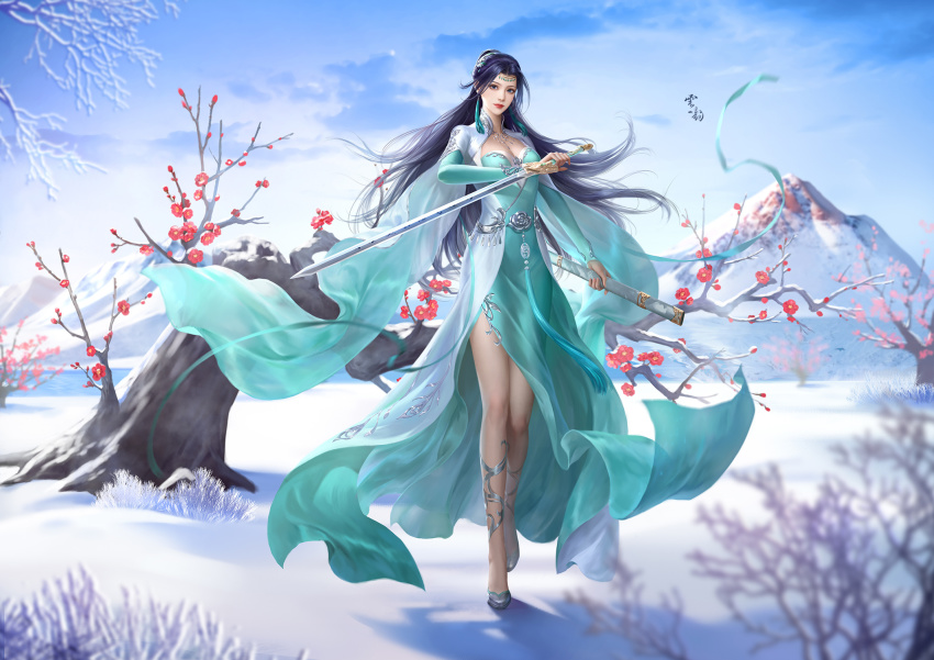 1girl, bare_legs, bare_tree, black_hair, blue_sky, doupo_cangqiong, dress, flower