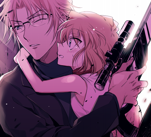 1boy, 1girl, bare_arms, bare_shoulders, black_hair, black_jacket, blush, bob_cut