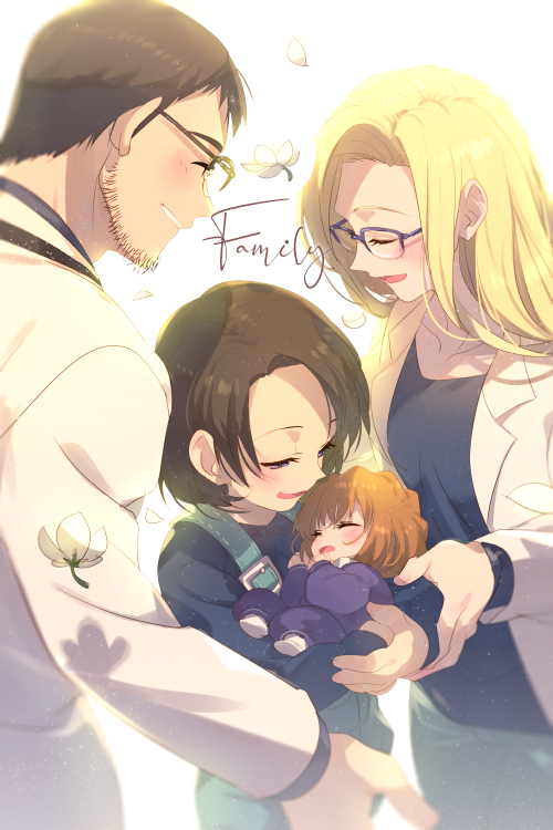 1boy, 3girls, aged_down, baby, baby_carry, black_hair, blonde_hair, blush
