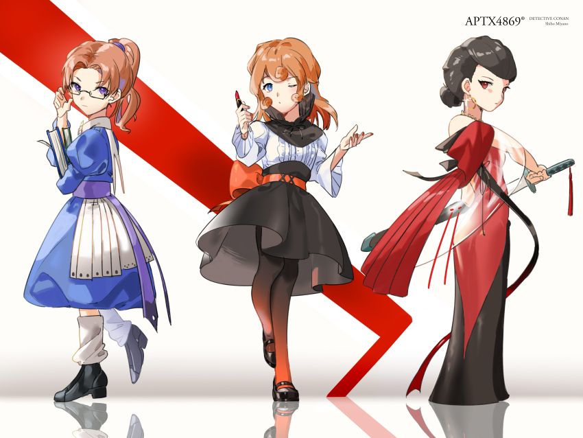 3girls, absurdres, adjusting_eyewear, aged_down, bare_shoulders, black_dress, black_footwear, black_hair, black_legwear, black_skirt, blue_dress, blue_eyes, book, brown_hair, child, collared_dress, copyright_name, cosmetics, curly_hair, dress, earrings, fighting_stance, full_body, glasses, glint, gradient_legwear, hair_bun, hands_up, hattori_shizuka_(meitantei_conan), high_collar, highres, holding, holding_lipstick_tube, holding_sword, holding_weapon, jewelry, juliet_sleeves, kisaki_eri, kudou_yukiko, lightning_bolt_symbol, lipstick_tube, long_sleeves, loose_socks, meitantei_conan, multiple_girls, nail_polish, off-shoulder_dress, off_shoulder, one_eye_closed, pantyhose, parted_bangs, pixel_(user_pkds3458), ponytail, puffy_sleeves, purple_eyes, ready_to_draw, red_dress, red_eyes, red_nails, reflective_floor, sash, see-through_clothes, shawl, shirt, shoes, single_hair_bun, skirt, socks, sword, two-tone_dress, weapon, white_background, white_shirt, wide_sleeves