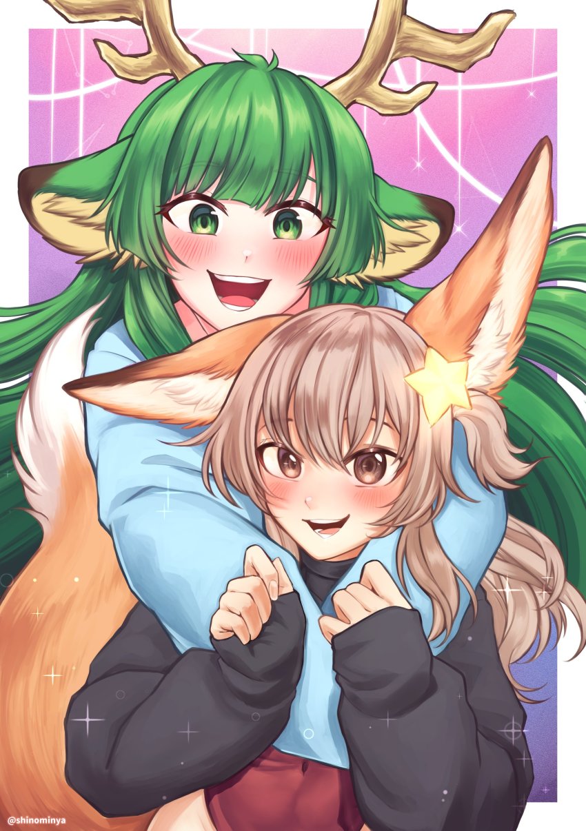 2girls, absurdres, animal_ear_fluff, animal_ears, annytf, antlers, artist_name, blunt_bangs