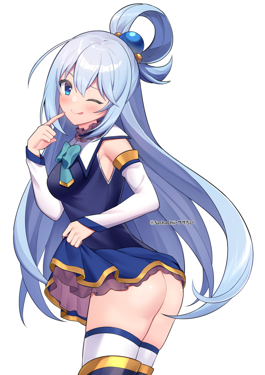 1girl, ;q, aqua_(konosuba), ass, blue_boots, blue_eyes, blue_hair, blue_skirt