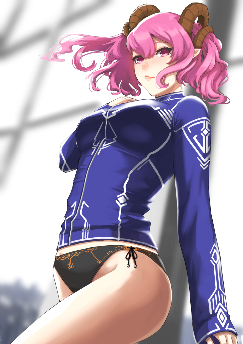 1girl, bikini, bikini_bottom_only, black_bikini, black_ribbon, blue_shirt, blurry, blurry_background