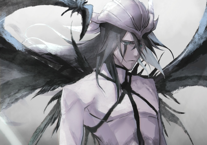 1boy, bad_id, bad_pixiv_id, black_hair, black_wings, bleach, floating_hair, green_eyes