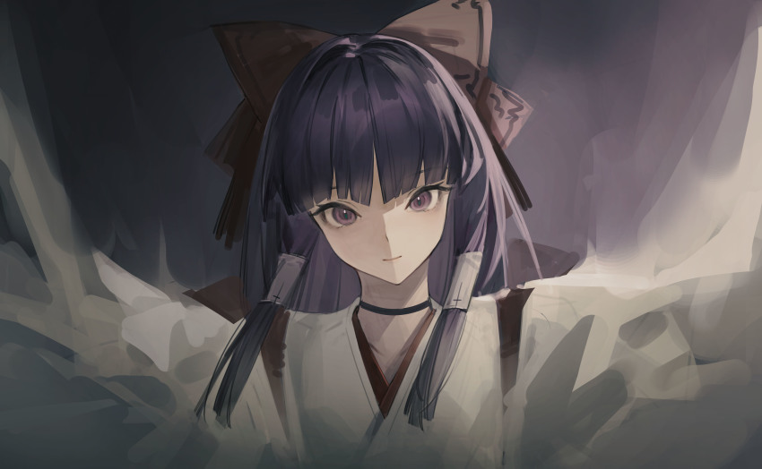 1girl, absurdres, blunt_bangs, bow, hair_bow, hakurei_reimu, head_tilt, highres, japanese_clothes, long_hair, looking_at_viewer, m9nokuro, miko, purple_eyes, purple_hair, smile, solo, touhou