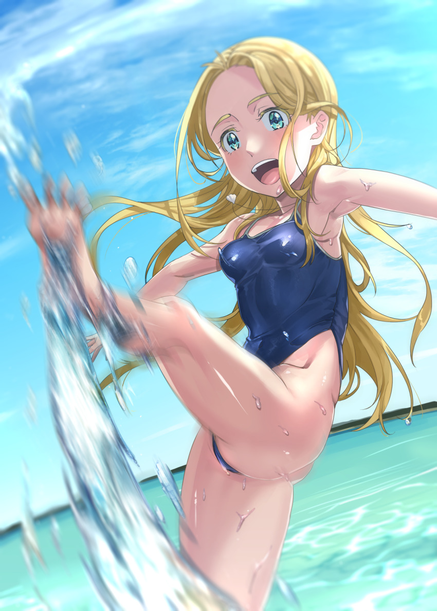 1girl, blonde_hair, blue_eyes, blue_one-piece_swimsuit, blue_sky, breasts, cloud, commentary_request