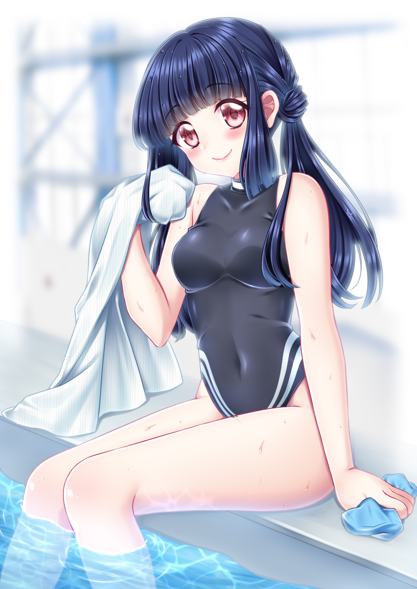 1girl, black_one-piece_swimsuit, breasts, commentary_request, commission, competition_swimsuit, covered_navel, hair_bun