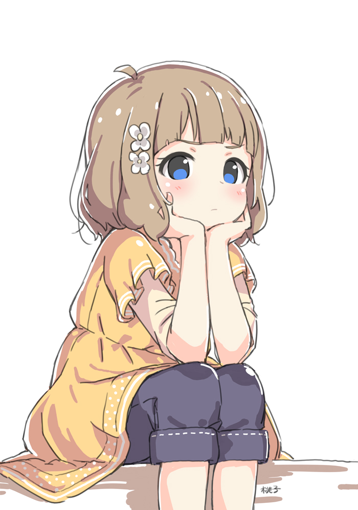 1girl, ahoge, black_pants, blue_eyes, blush, brown_hair, closed_mouth, denim, dress, feet_out_of_frame, flower, hair_flower, hair_ornament, idolmaster, idolmaster_million_live!, jeans, kuresuku_(lessons), layered_sleeves, looking_away, pants, pants_under_dress, polka_dot, short_sleeves, simple_background, sitting, solo, suou_momoko, white_background, white_flower, yellow_dress