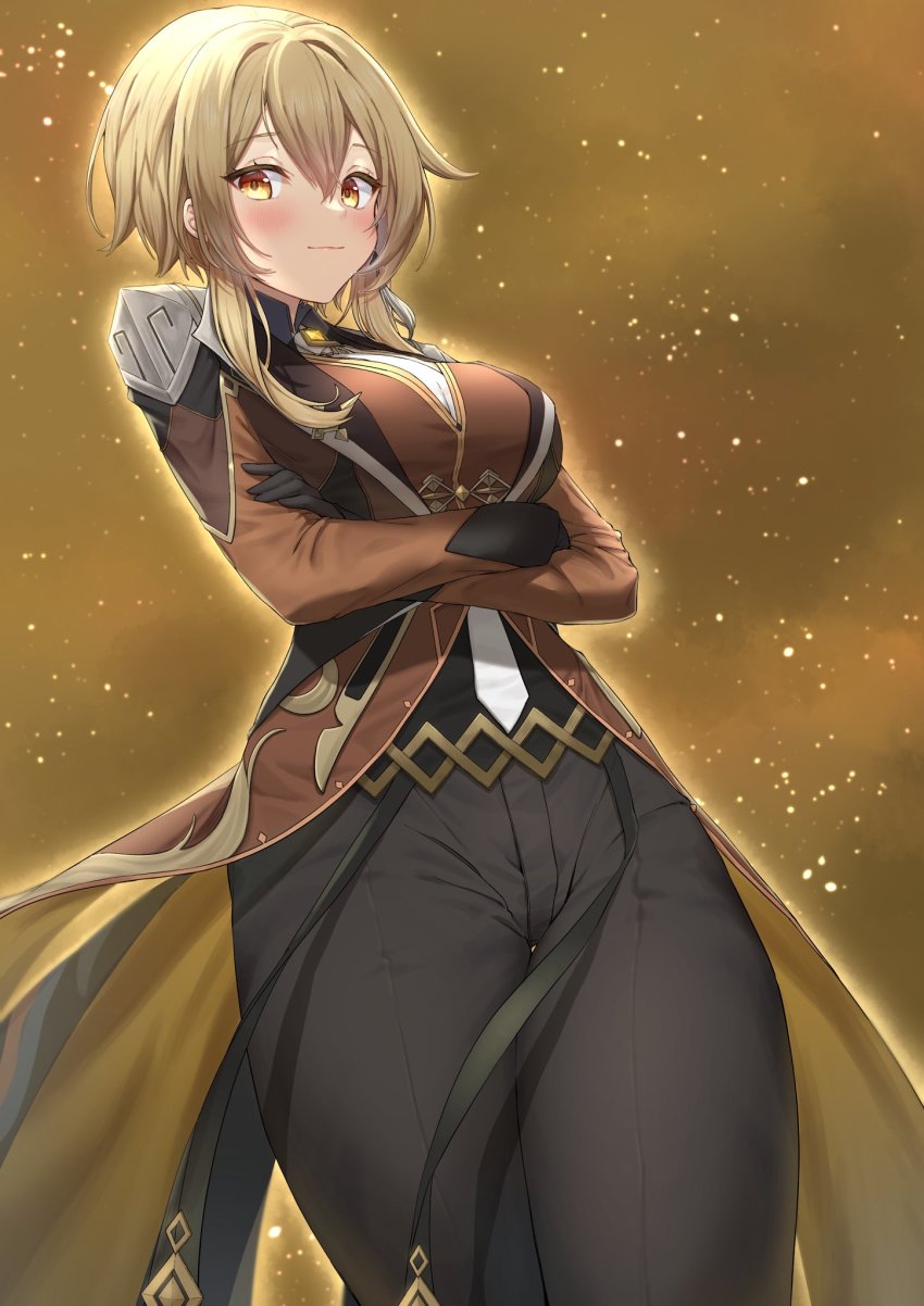 1girl, arm_under_breasts, black_gloves, black_pants, black_shirt, blonde_hair, breasts, brown_coat, chumugi, closed_mouth, coat, collared_shirt, commentary_request, cosplay, cowboy_shot, crossed_arms, earrings, genshin_impact, gloves, hair_between_eyes, highres, jewelry, large_breasts, light_smile, long_coat, long_sleeves, looking_at_viewer, lumine_(genshin_impact), necktie, pants, shirt, short_hair_with_long_locks, sidelocks, solo, tassel, tassel_earrings, thigh_gap, thighs, vision_(genshin_impact), white_necktie, yellow_eyes, zhongli_(genshin_impact), zhongli_(genshin_impact)_(cosplay)