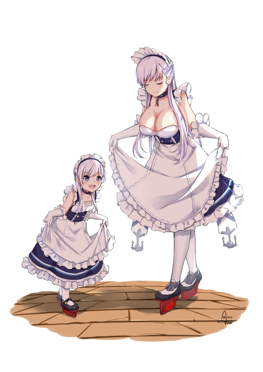 2girls, :d, anchor, apron, azur_lane, belfast_(azur_lane), bow, bow_choker