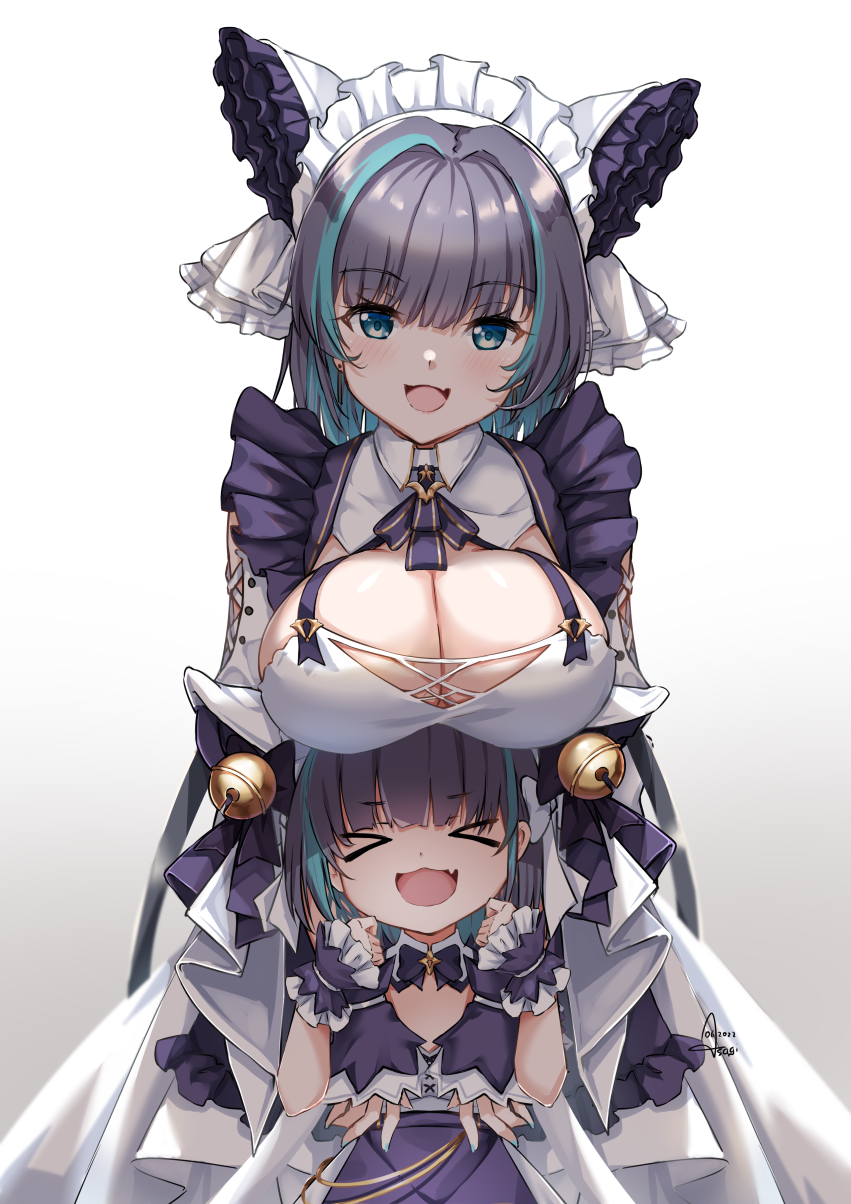 >_<, 2girls, :d, animal_ears, apron, aqua_hair, azur_lane, bell