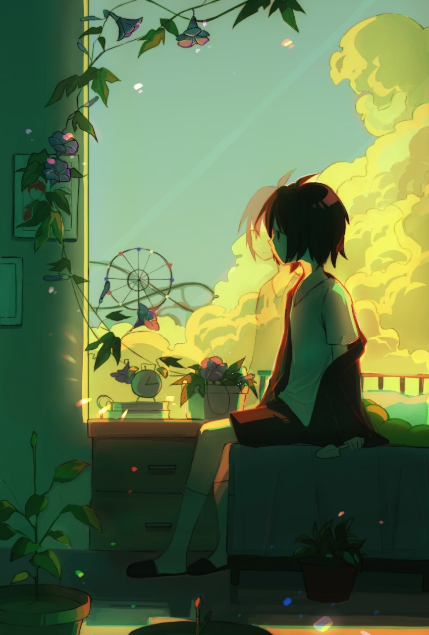 2boys, alarm_clock, bed, bedroom, black_slippers, brown_eyes, brown_hair, chinese_commentary