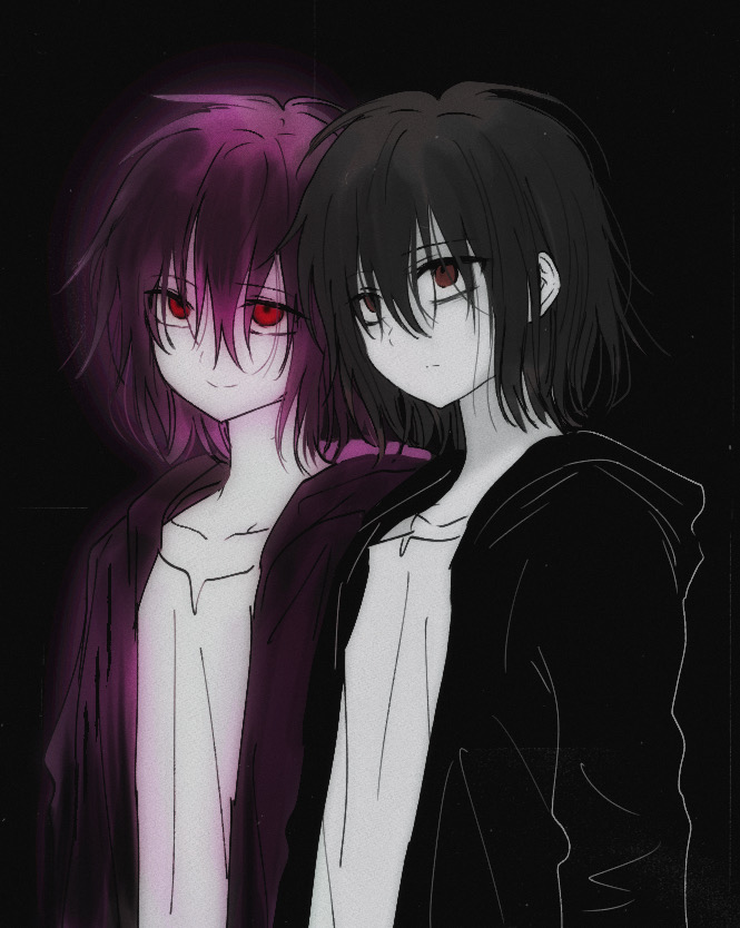 2boys, black_background, black_jacket, brown_hair, closed_mouth, colored_skin, feelsobabydog, glowing, hood, hood_down, hooded_jacket, isoi_haruki, jacket, korean_commentary, light_particles, long_sleeves, male_focus, multiple_boys, origin_alpha, pink_hair, saibou_shinkyoku, sanpaku, shirt, short_hair, simple_background, smile, spoilers, upper_body, white_shirt, white_skin